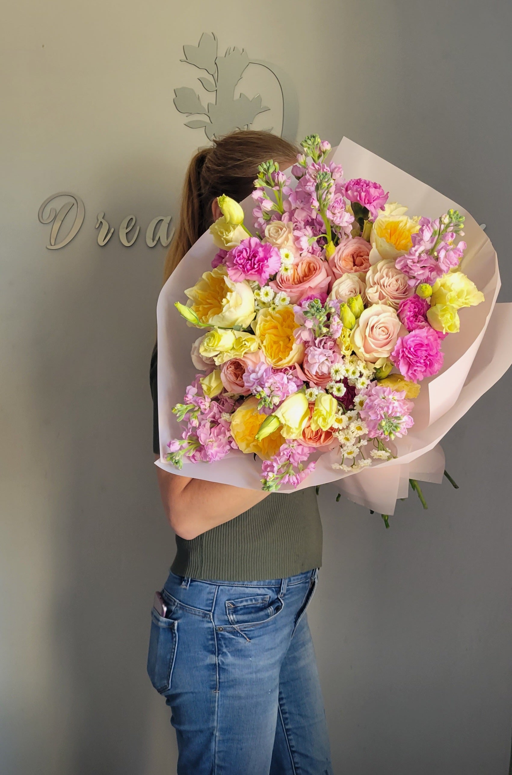 Summer Vibe Bouquet- Garden roses, Lisianthus, Stock, Dianthus, seasonal blooms