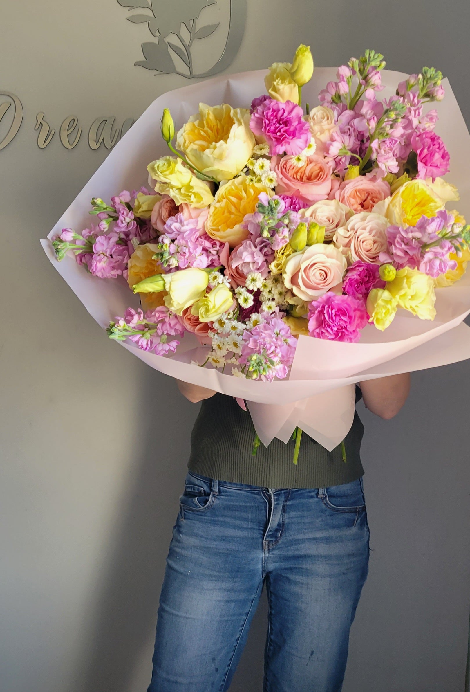 Summer Vibe Bouquet- Garden roses, Lisianthus, Stock, Dianthus, seasonal blooms