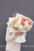 Spring Joy - Premium Garden Roses Pink Expression, Premium White Roses, Chamomile, Stock, Spray Roses, Hydrangeas, Seasonal Blooms