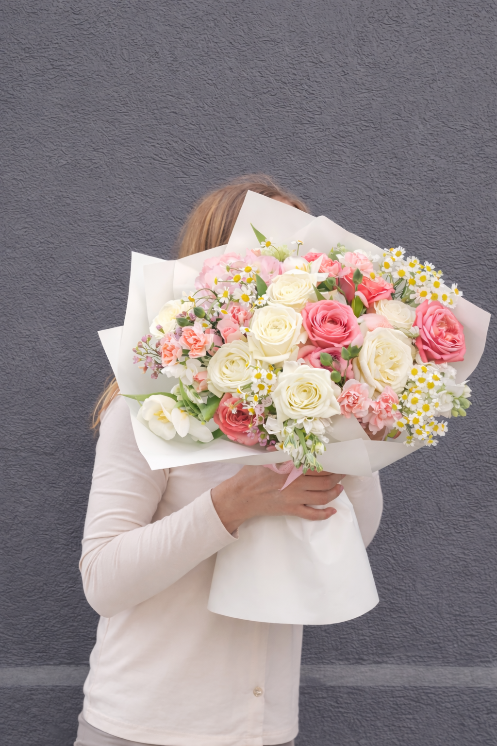 Spring Joy - Premium Garden Roses Pink Expression, Premium White Roses, Chamomile, Stock, Spray Roses, Hydrangeas, Seasonal Blooms