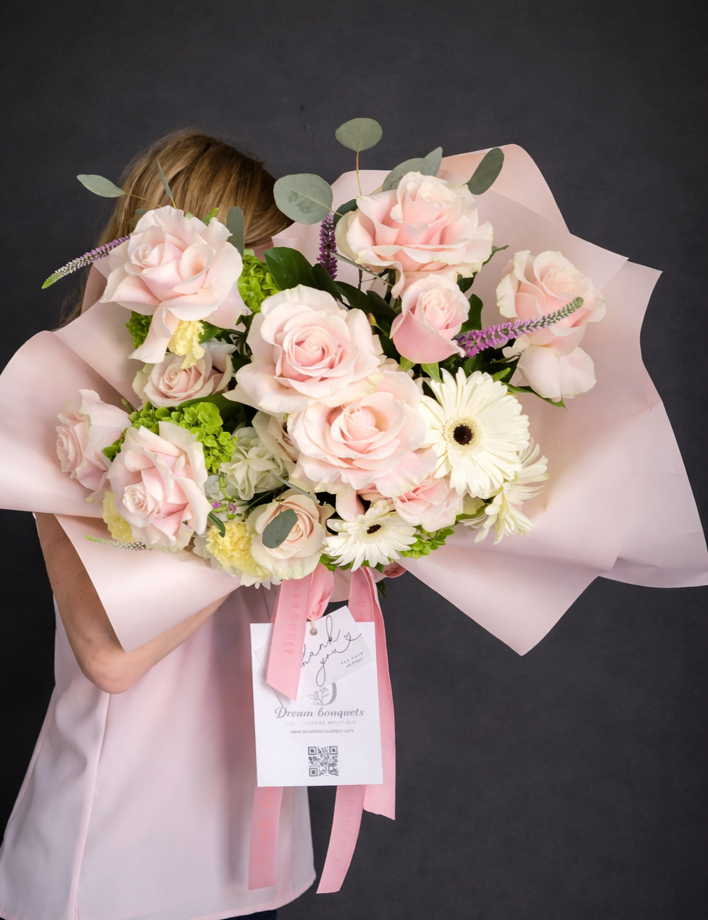 Pastel Charm- Premium Garden Roses, Gerberas, Premium Hydrangeas, Eucalyptus, Seasonal blooms