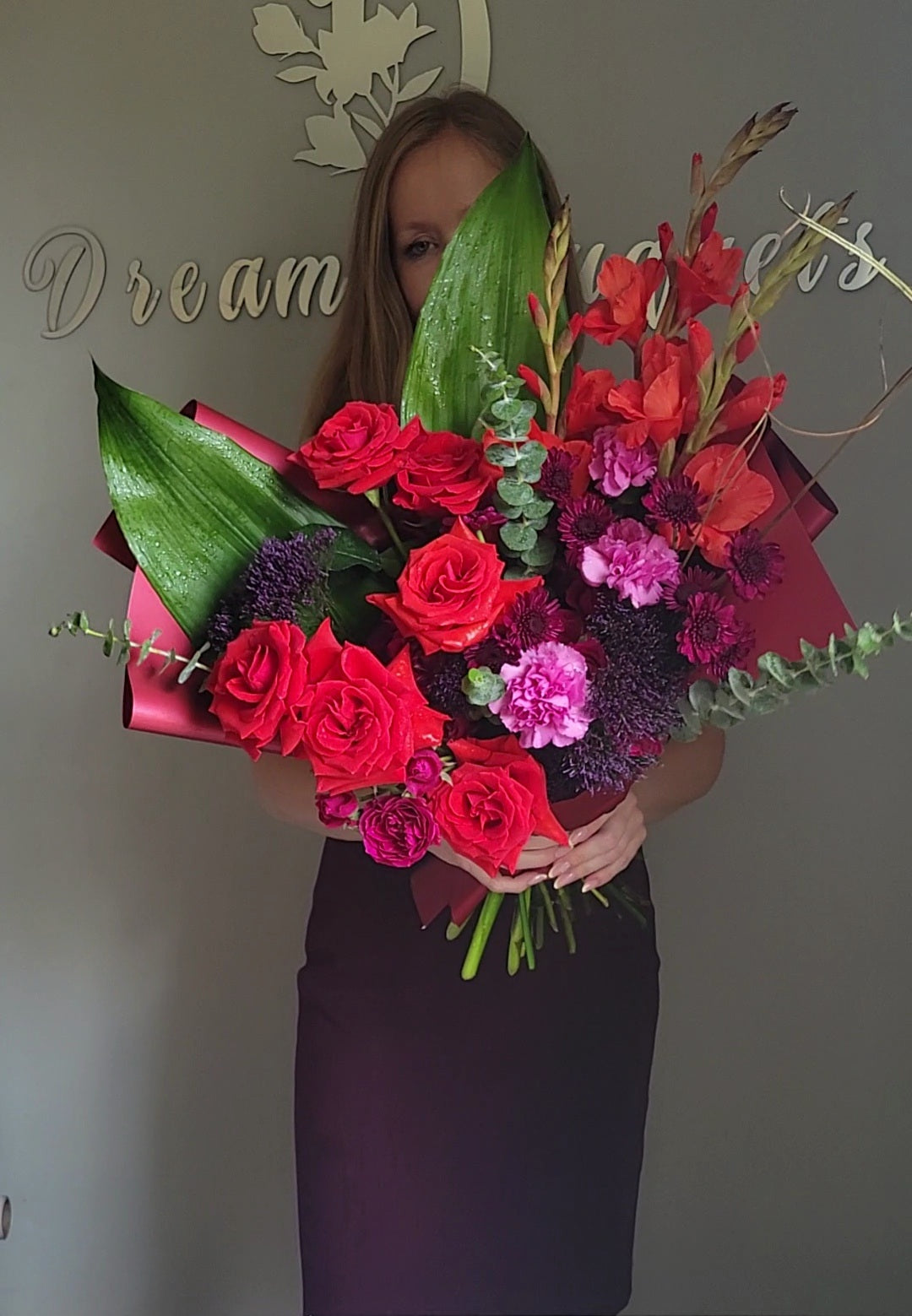 Scarlet Elegance - Premium roses, Spray roses, Gladiolus, Dianthus, Eucalyptus, seasonal blooms