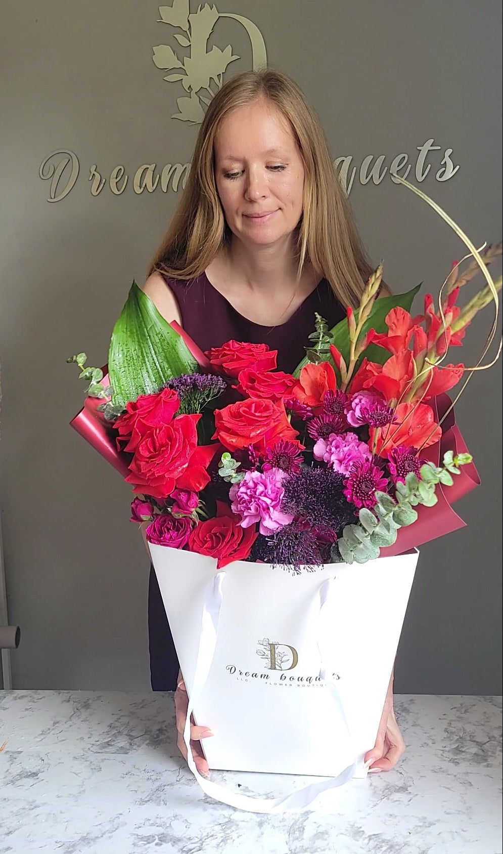 Scarlet Elegance - Premium roses, Spray roses, Gladiolus, Dianthus, Eucalyptus, seasonal blooms