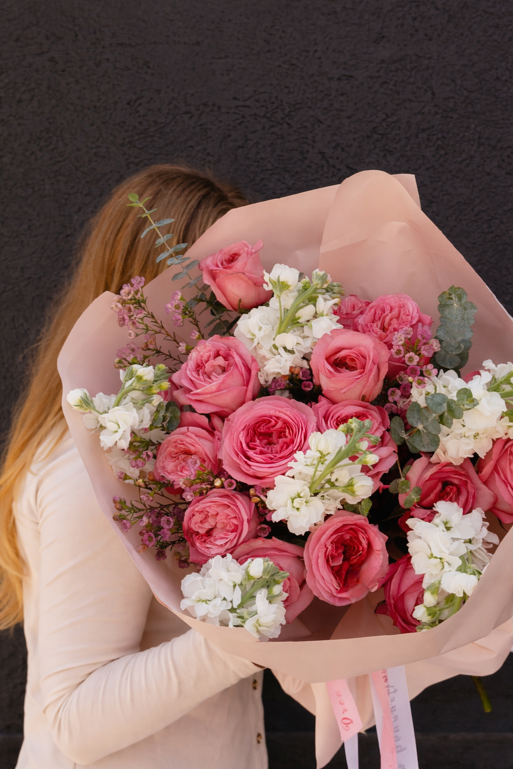 Expression -Premium Grden Roses Pink Expression, Stock, Eucalyptus, Seasonal Blooms